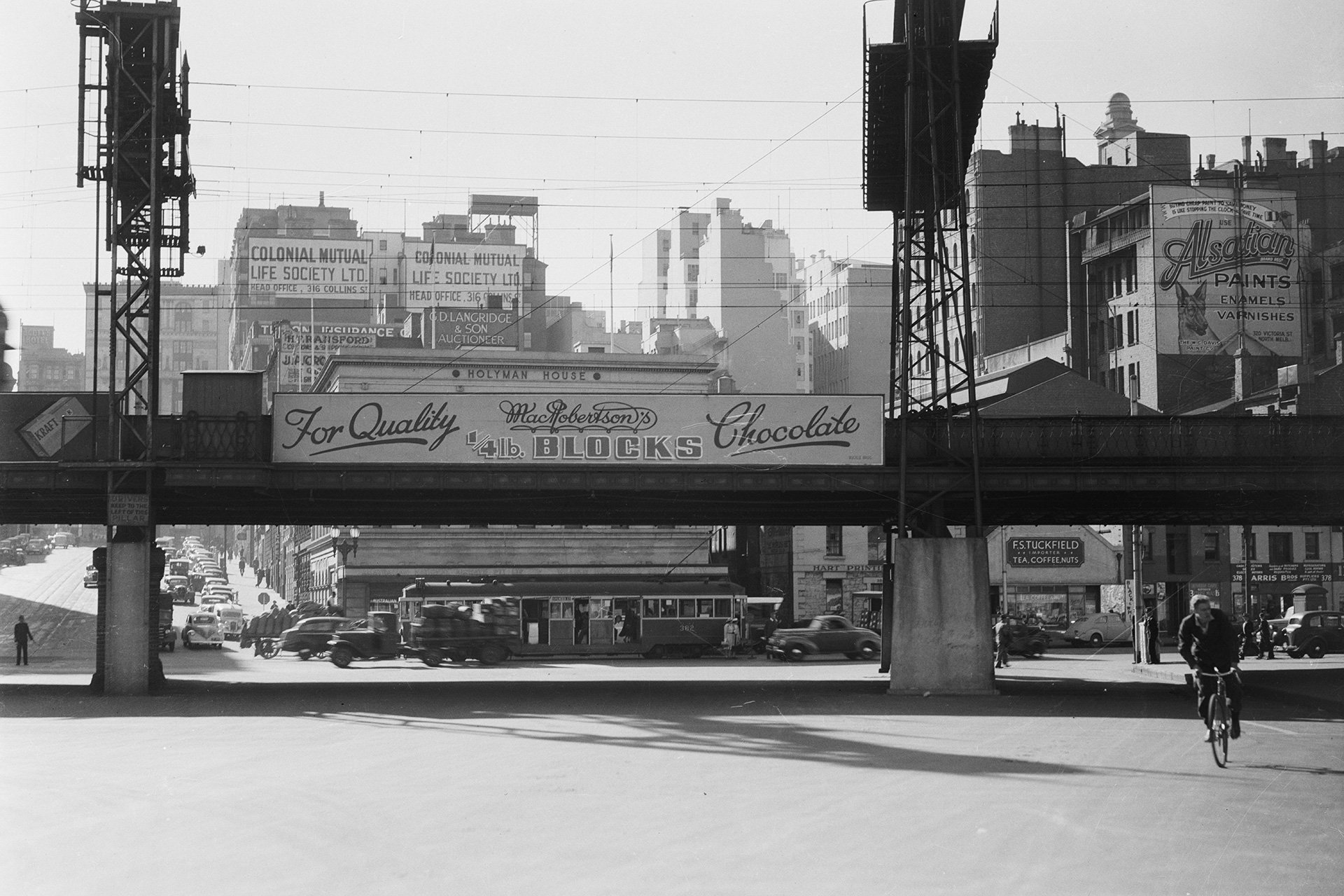 History Council Victoria Feb26 FLINDERS STREET VIADUCT AT FOOT OF MARKET STREET WITH ADVERTISEMENT FOR McROBERTSONS CHOCOLATE ON BRIDGE BETWEEN SIGNAL GANTRIES